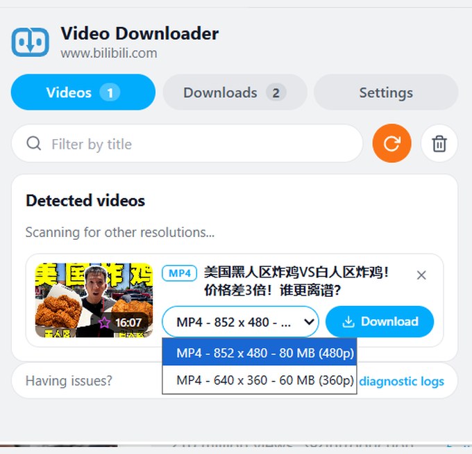 Popup with the detected video and its quality dropdown open