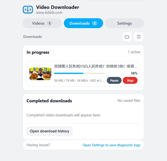 Downloads tab showing live progress with pause and stop controls